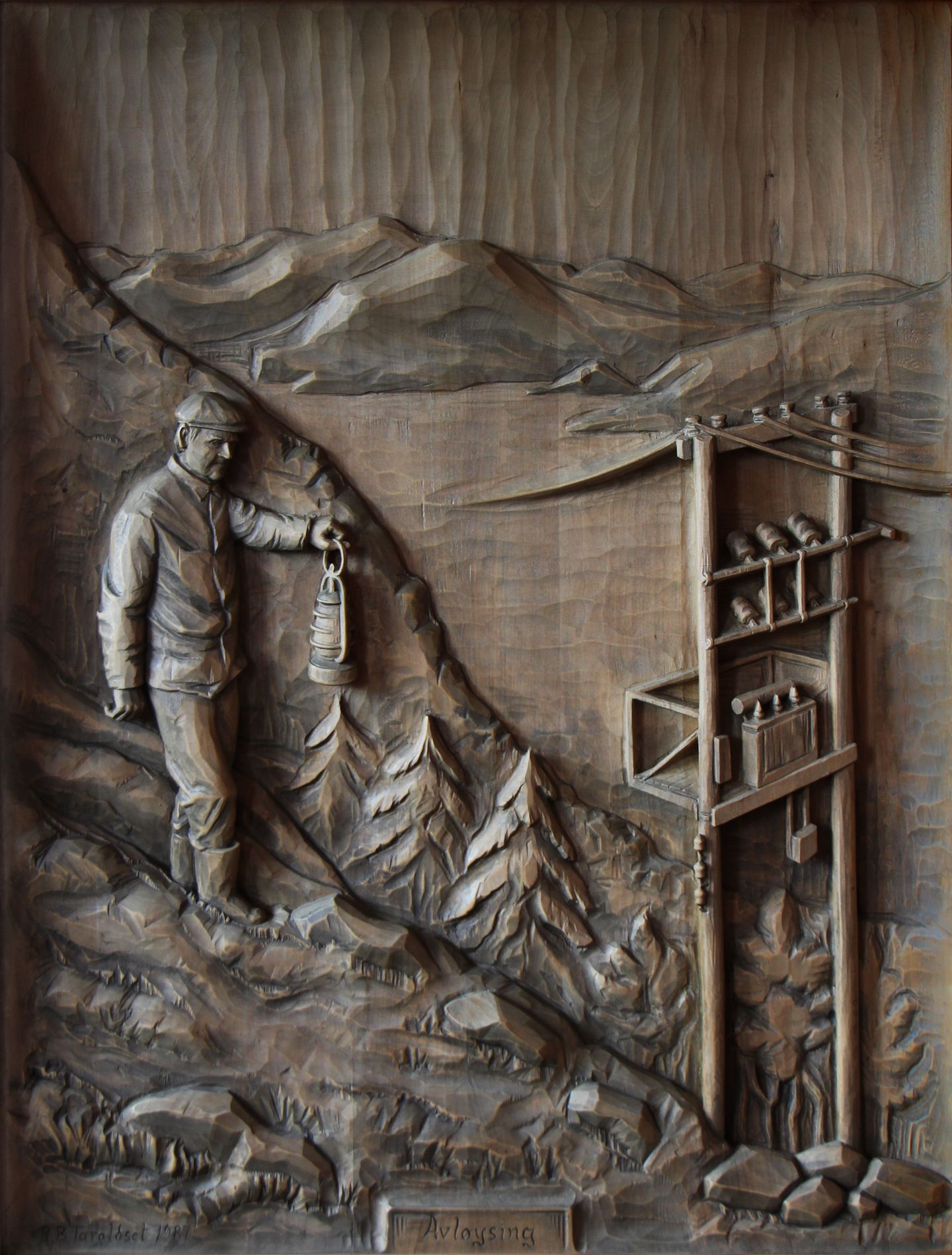 A relief in lime: a man with a paraffin lamp walks down a steep slope towards a transformer on a pole, with spruce forest, mountains and a lake behind.