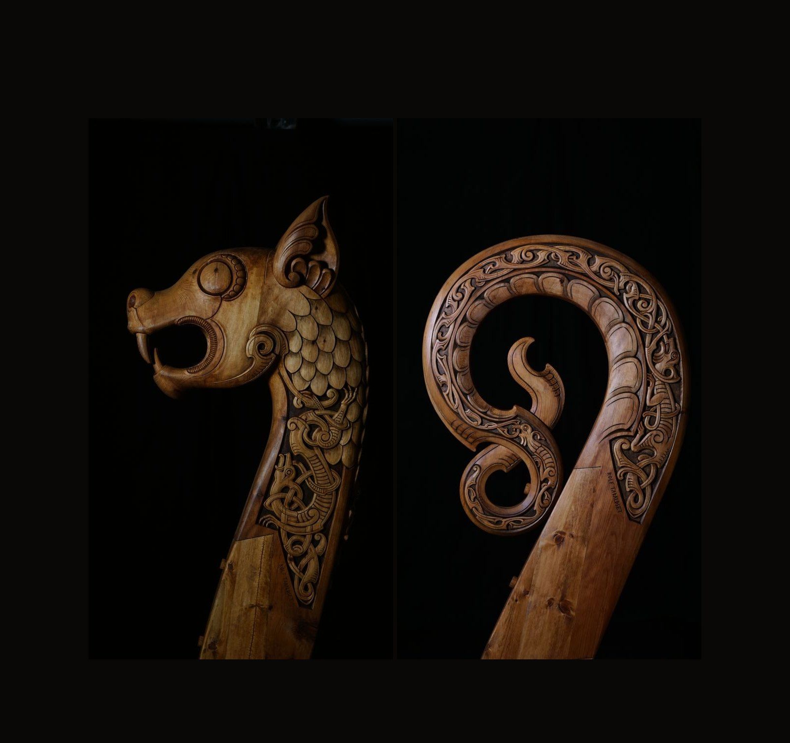 The dragon head from the prow, jaws open over carved fangs above a scaled neck, beside the stern post curling into a tight spiral banded with interlace.